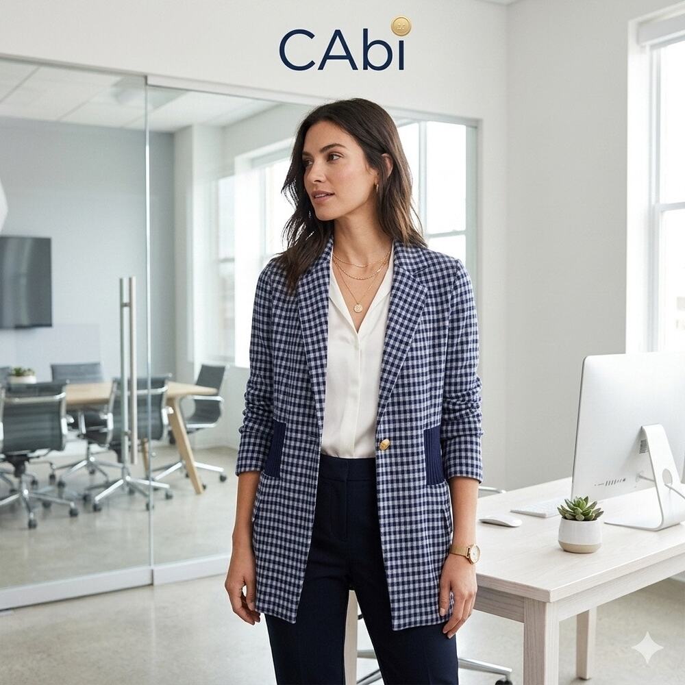 CAbi Checkup Blazer Navy Blue Gingham Gold Button Knit Jacket Size M